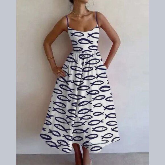 Women Fit & Flare Dress Size M Print Fish Blue Blue White Square Neck Sleeveless - Picture 1 of 8